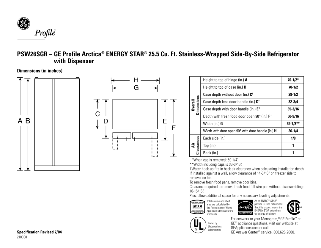 GE PSW26SGRSS dimensions Dimensions in inches, Overall, Air, 70-1/2 28-1/2 32-3/4 35-3/16 50-9/16 35-7/8 36-1/4 