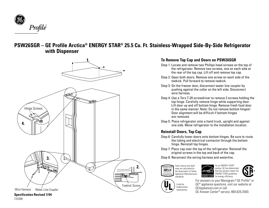 GE To Remove Top Cap and Doors on PSW26SGR, Reinstall Doors, Top Cap, Toekick Screw Wire Harness Water Line Coupler 