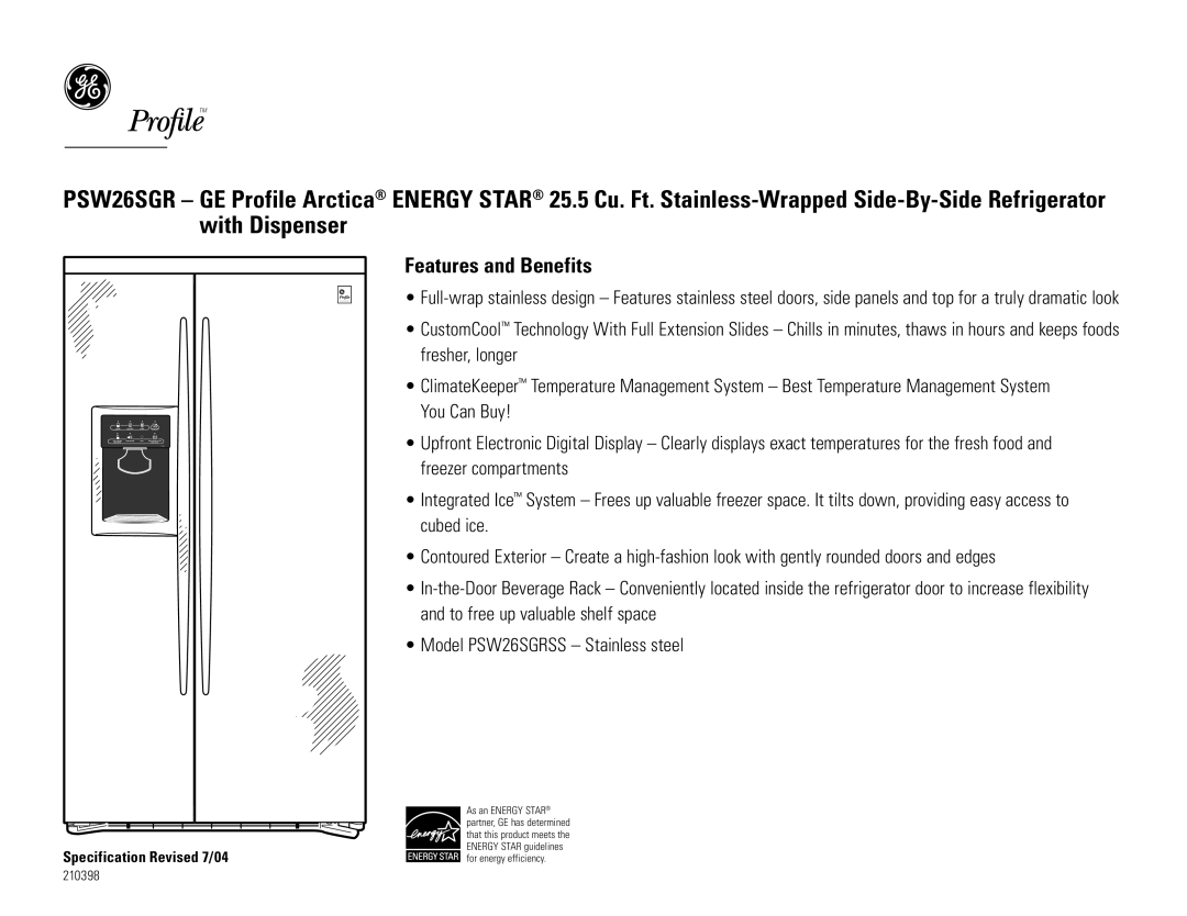 GE PSW26SGRSS dimensions Features and Benefits 