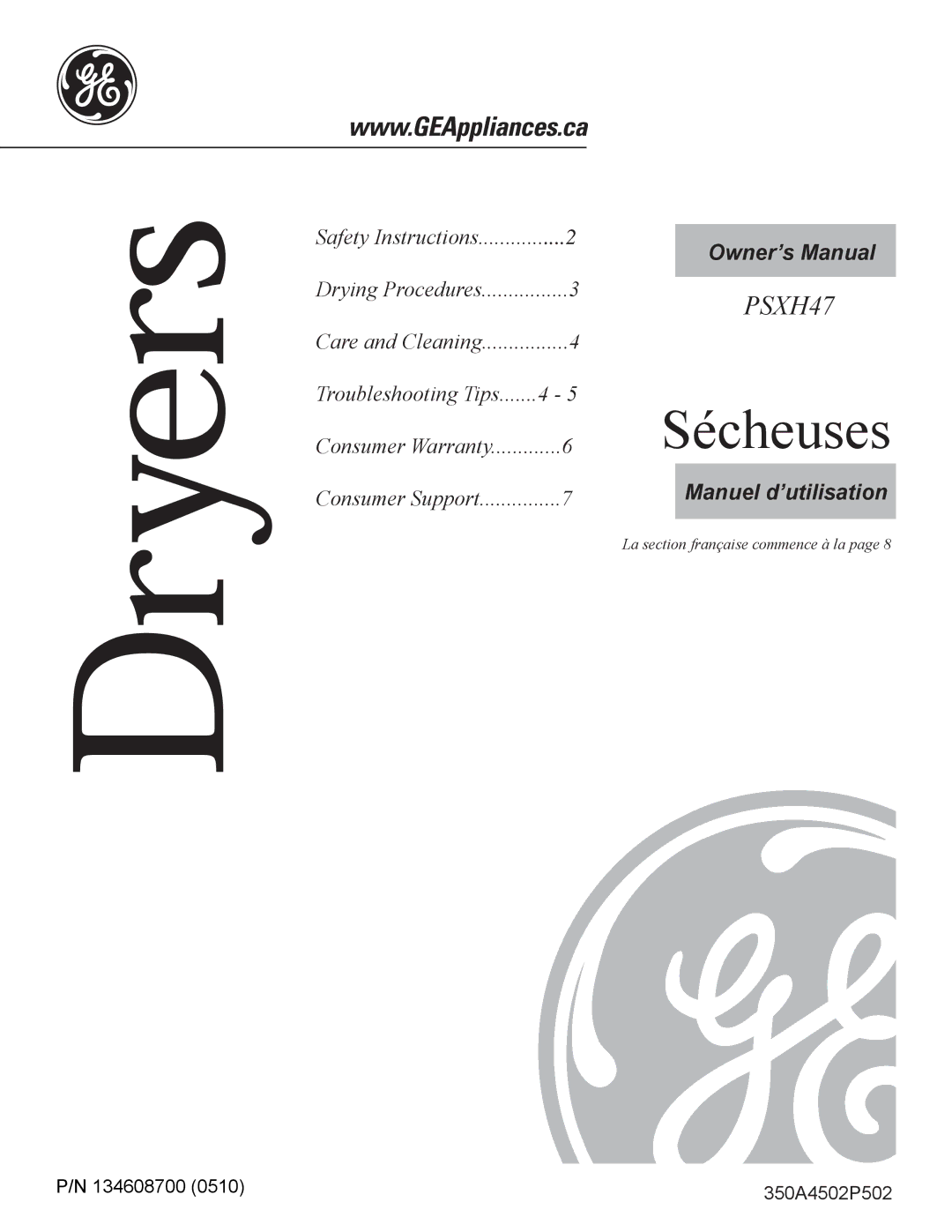 GE PSXH47 owner manual Sécheuses 