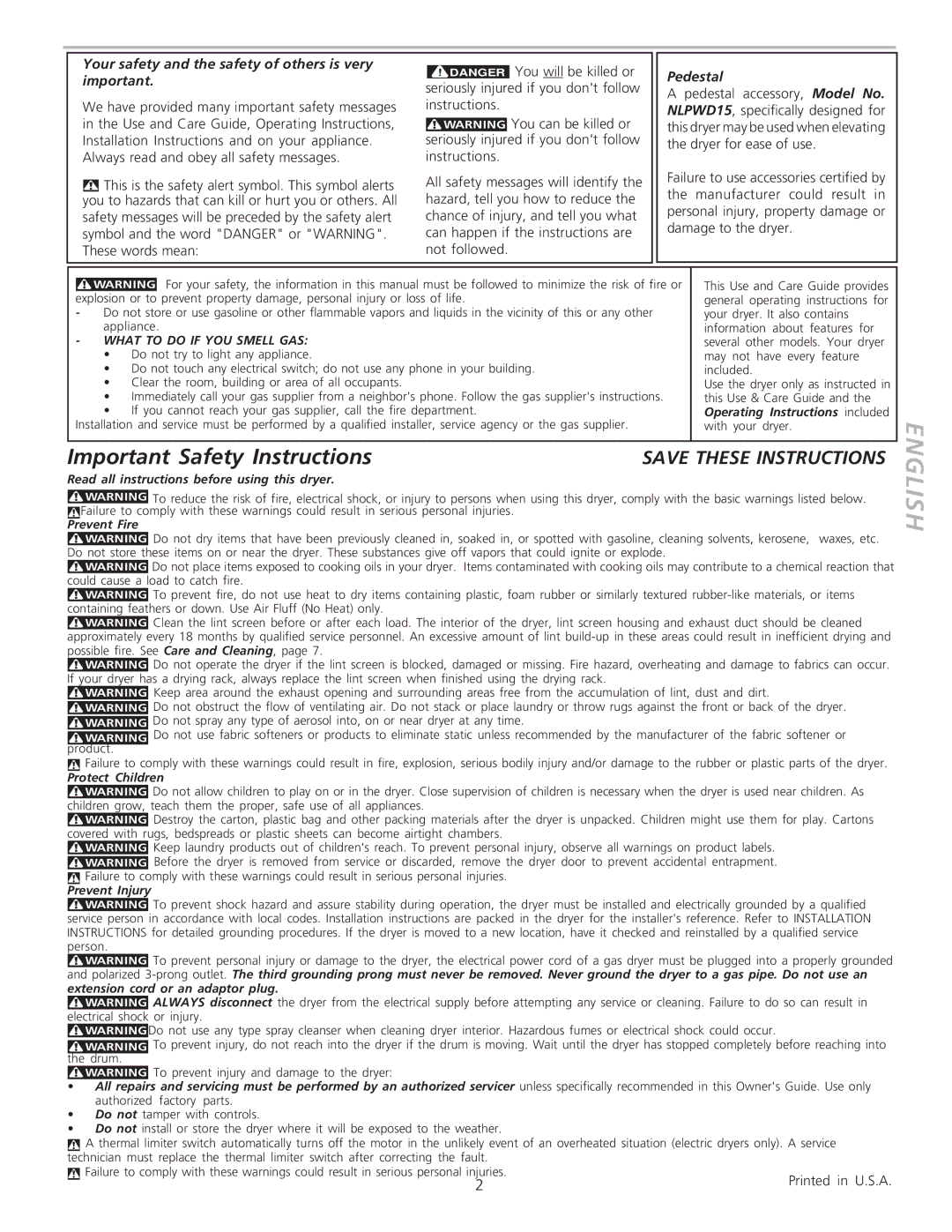 GE PSXH47 owner manual Your safety and the safety of others is very important, Pedestal 