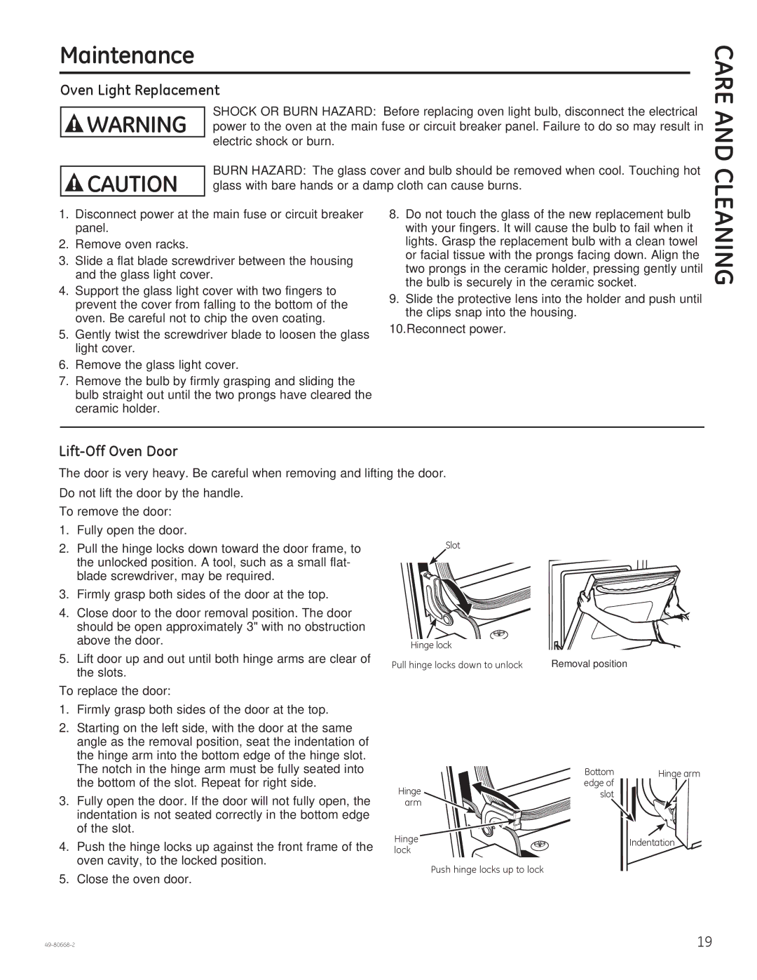 GE PT7050 owner manual Maintenance, Oven Light Replacement, Lift-Off Oven Door, To remove the door, To replace the door 