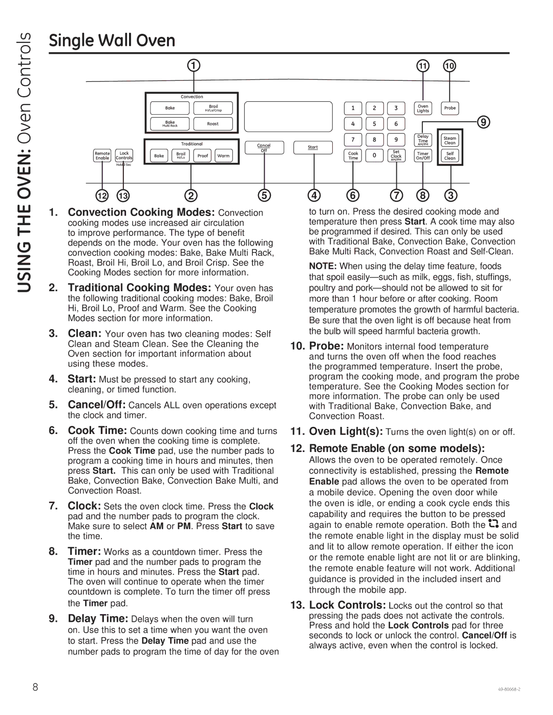 GE PT7050 owner manual Controls, Using, Single Wall Oven, Convection Cooking Modes Convection, Remote Enable on some models 