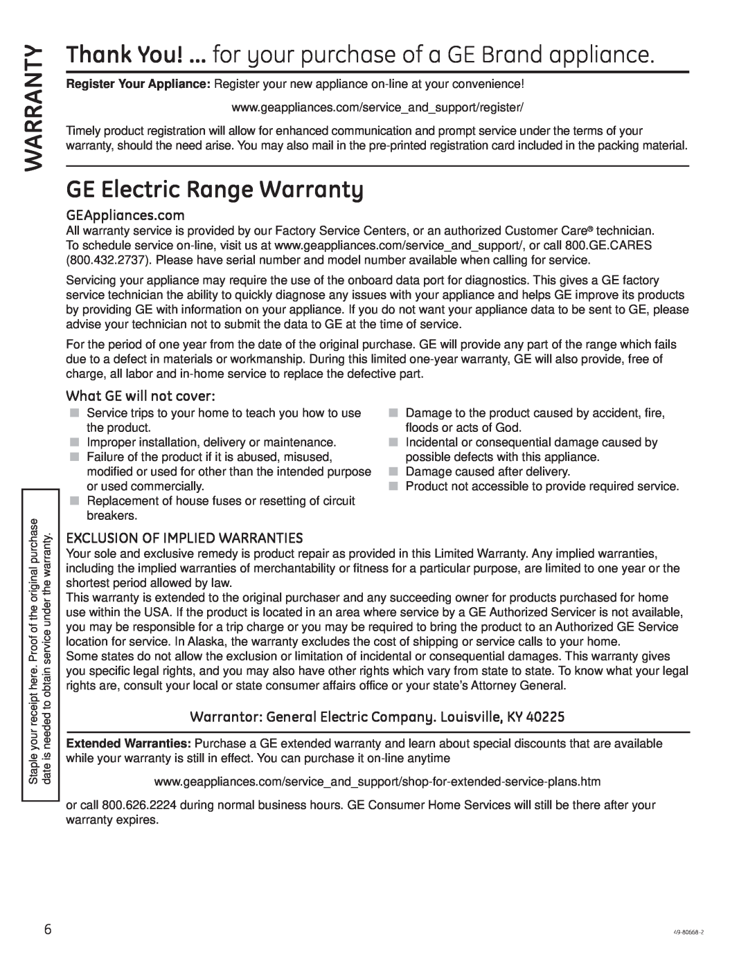 GE PT7050 GE Electric Range Warranty, GEAppliances.com, What GE will not cover, Exclusion Of Implied Warranties 
