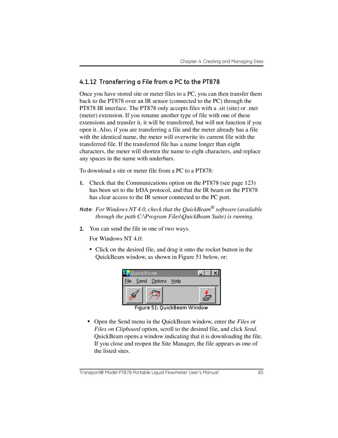 GE user manual Transferring a File from a PC to the PT878, QuickBeam Window 