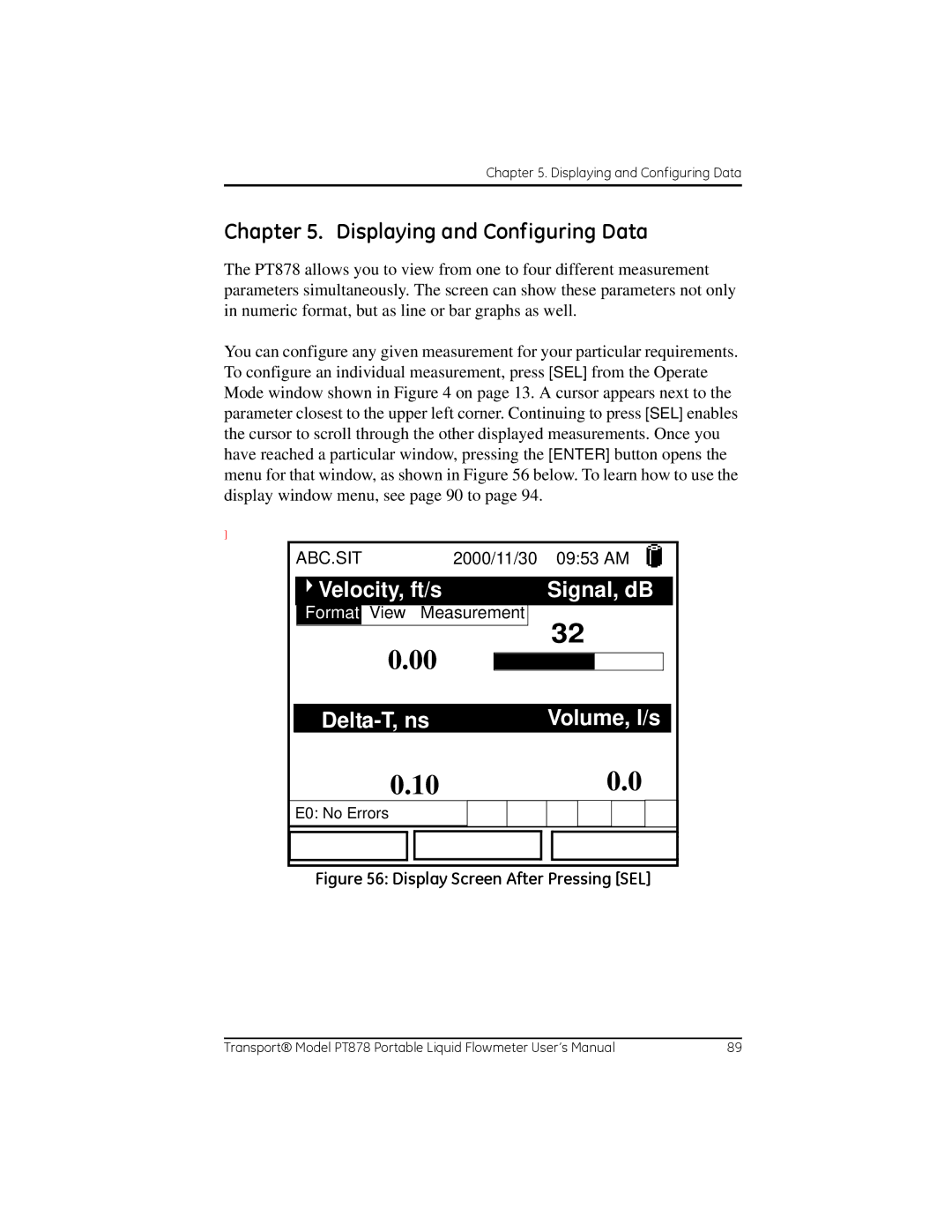 GE PT878 user manual Displaying and Configuring Data, ABC.SIT 2000/11/30 0953 AM, Format View Measurement 