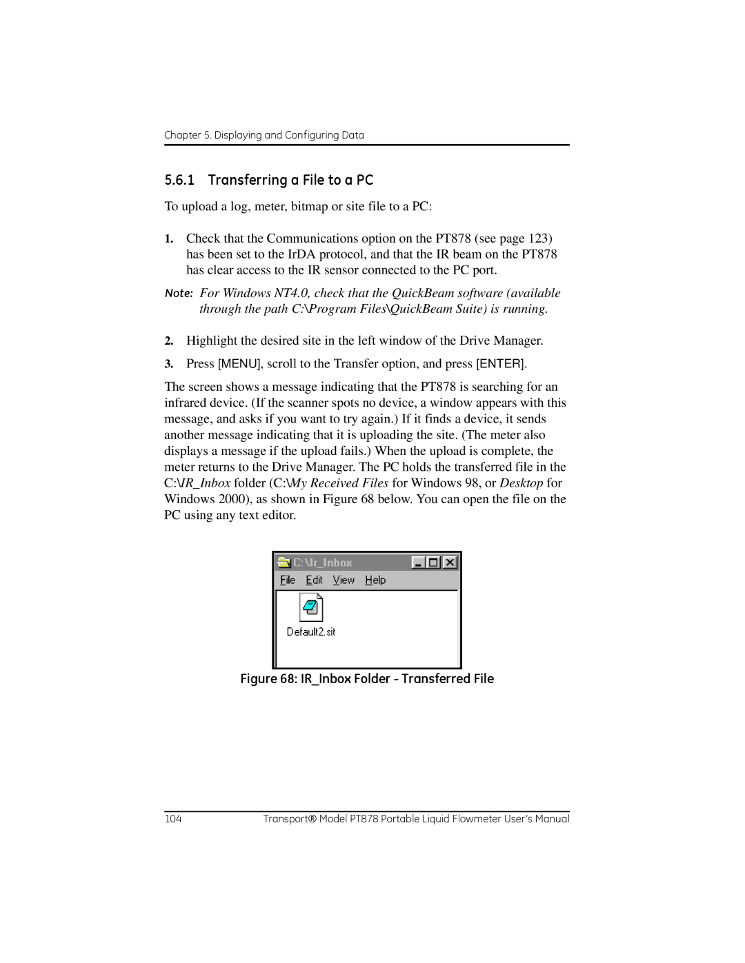 GE PT878 user manual Transferring a File to a PC, IRInbox Folder Transferred File 