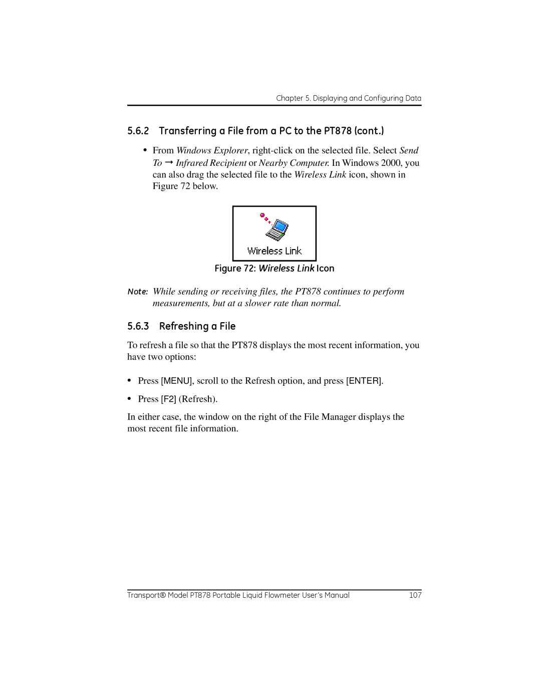 GE PT878 user manual Refreshing a File, Wireless Link Icon 