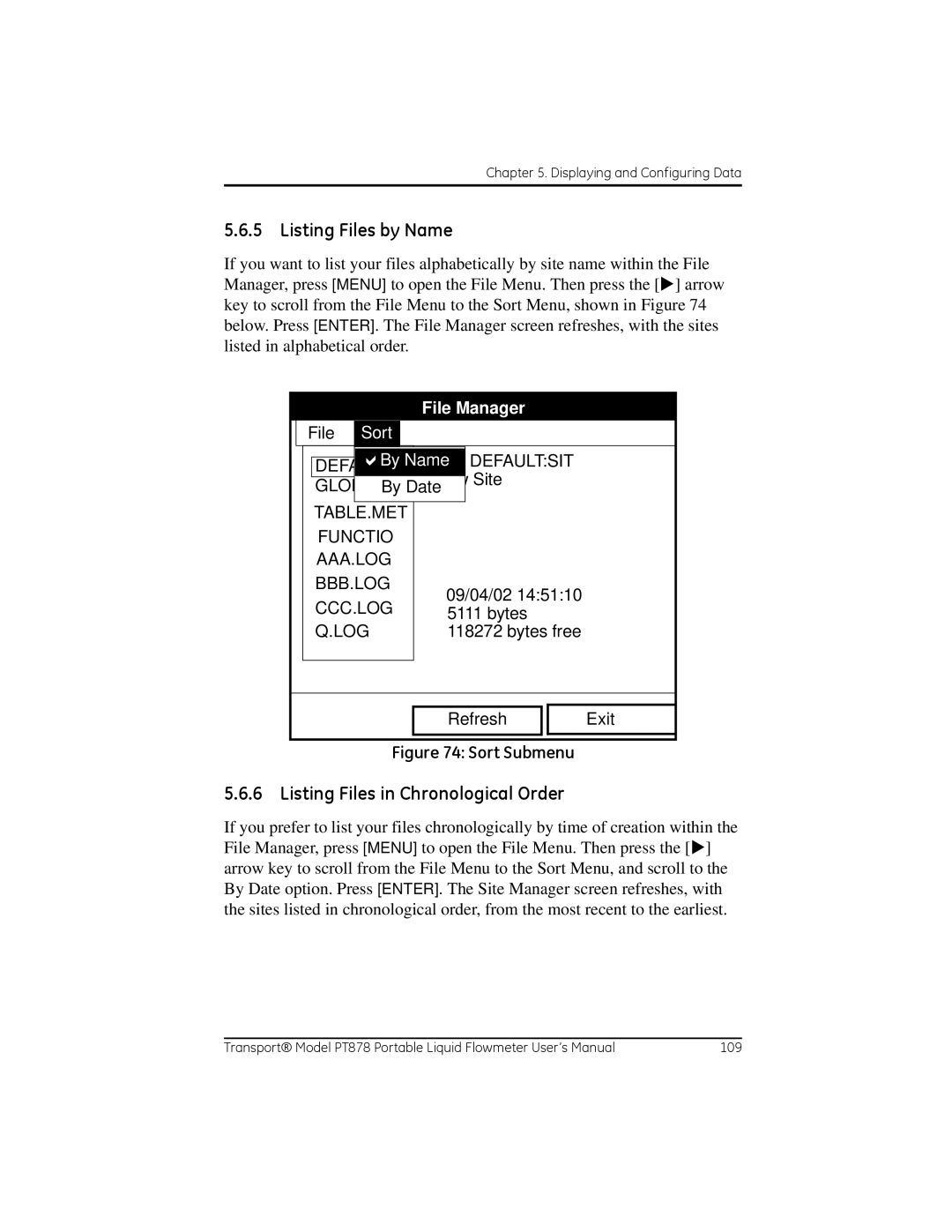 GE PT878 user manual File Sort, GLOBAL.By Date, 09/04/02, Bytes free Refresh Exit 