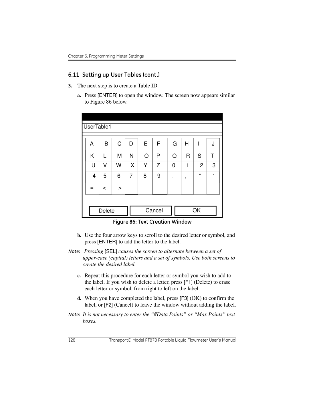 GE PT878 user manual UserTable1 Delete Cancel, Text Creation Window 