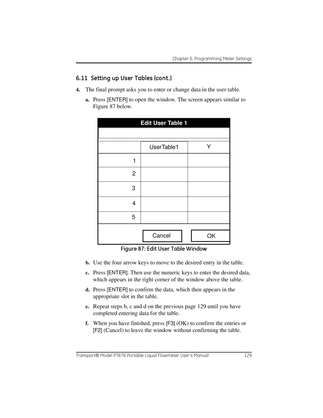 GE PT878 user manual Edit User Table, UserTable1 Cancel 