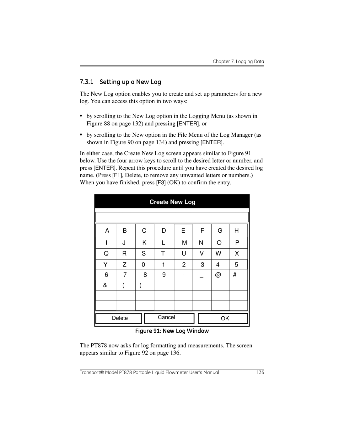 GE PT878 user manual Setting up a New Log, Create New Log 