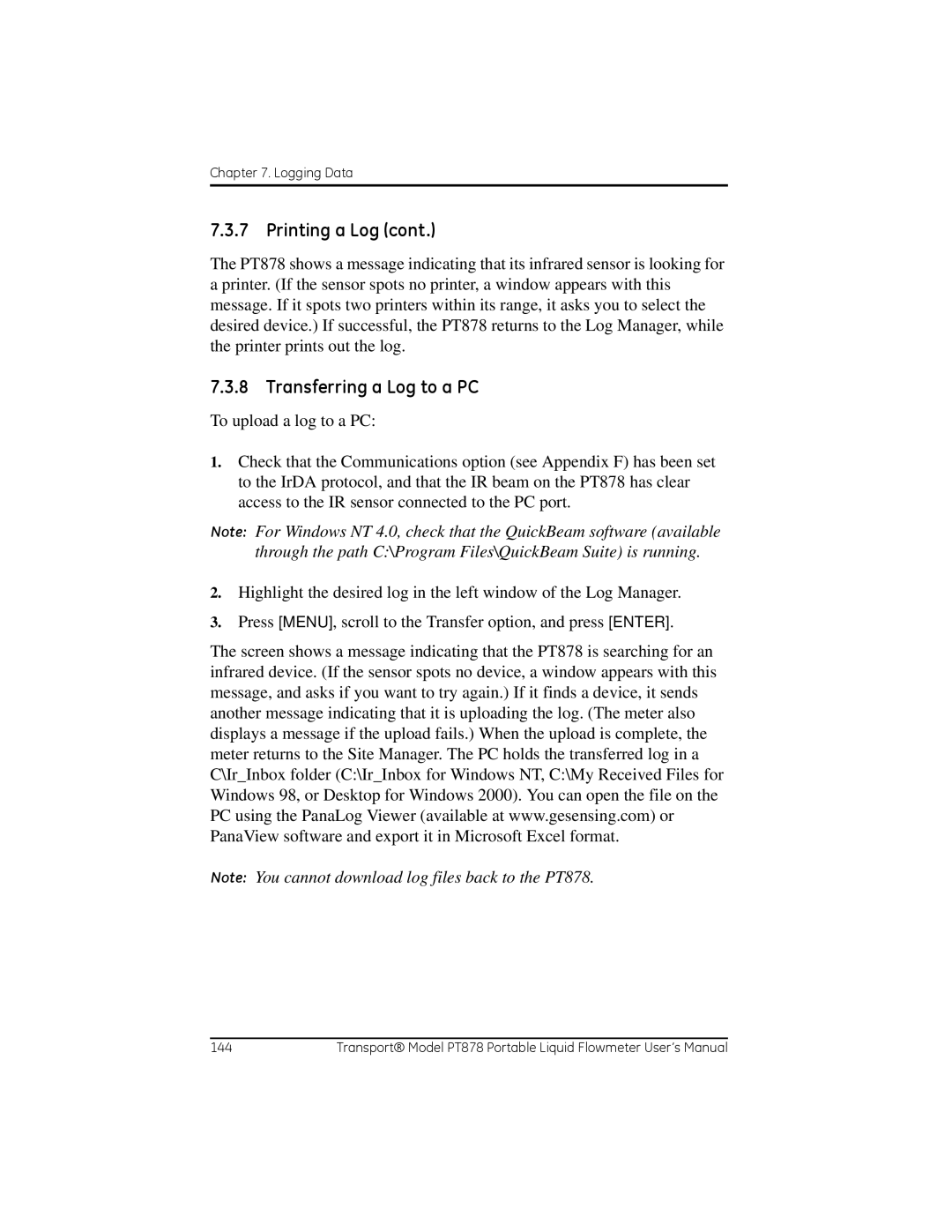 GE PT878 user manual Transferring a Log to a PC 