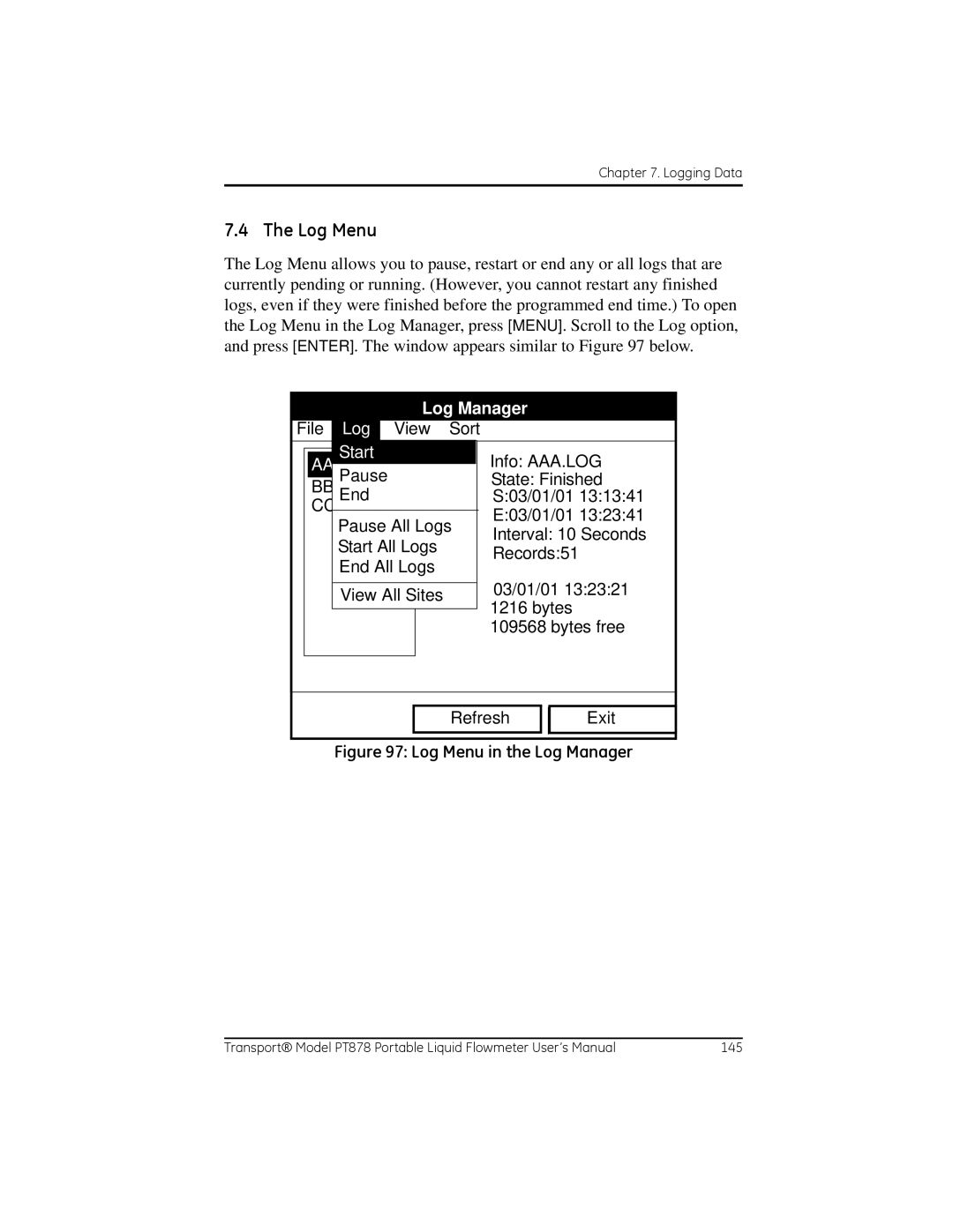 GE PT878 user manual Log Menu, Start 