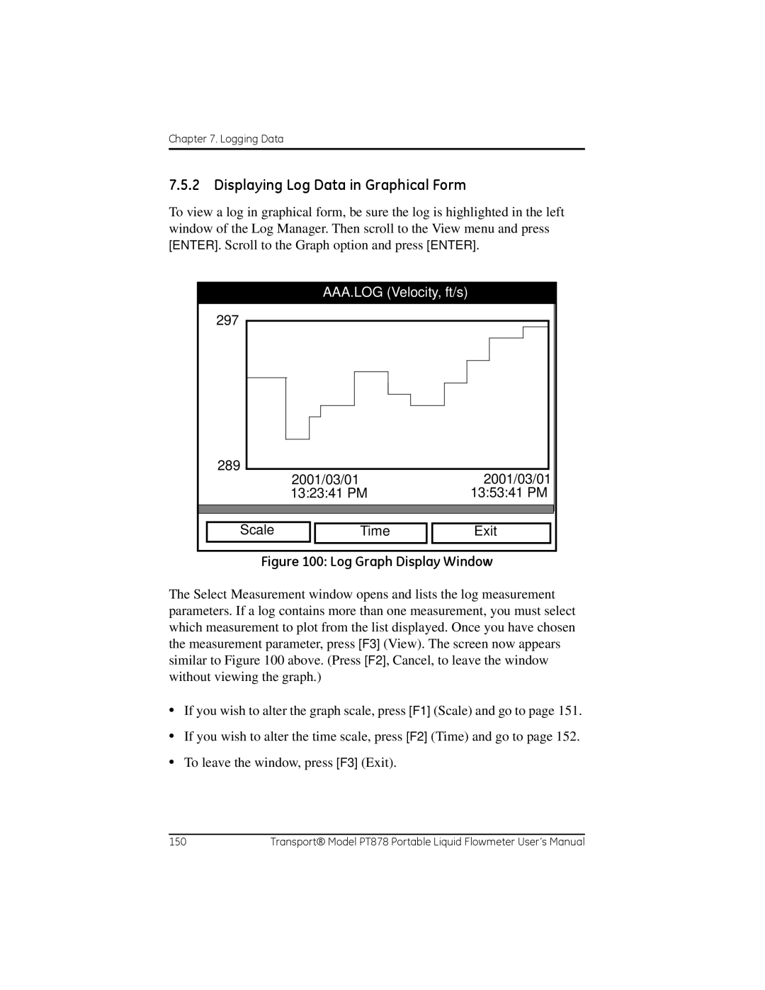 GE PT878 user manual Displaying Log Data in Graphical Form, AAA.LOG Velocity, ft/s 