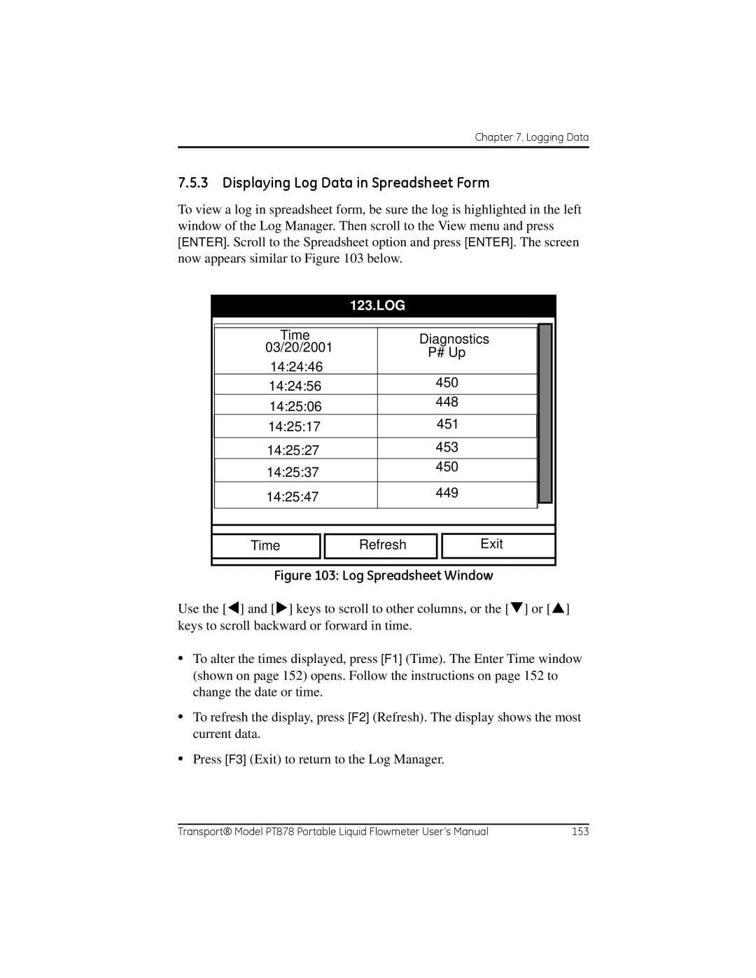 GE PT878 user manual Displaying Log Data in Spreadsheet Form, 123.LOG 