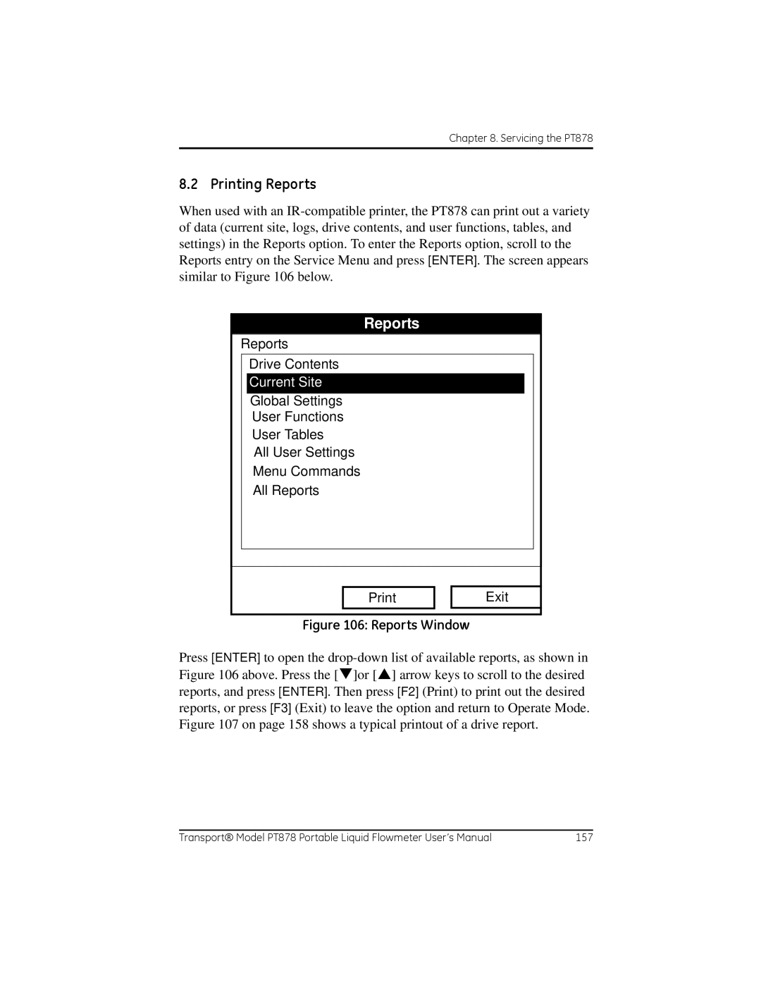 GE PT878 user manual Printing Reports, Reports Drive Contents, Current Site 