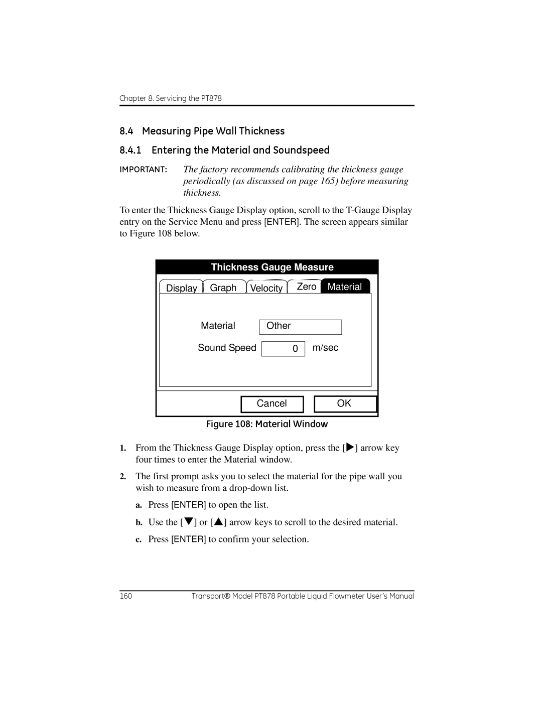 GE PT878 user manual Thickness Gauge Measure, Material Window 