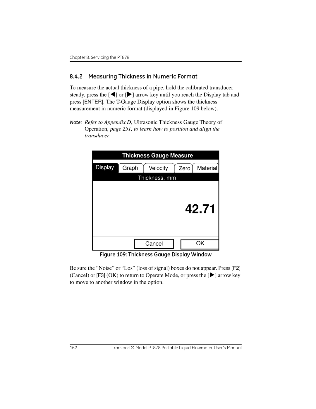 GE PT878 user manual Measuring Thickness in Numeric Format, Display Graph Velocity Zero Material, Thickness, mm 