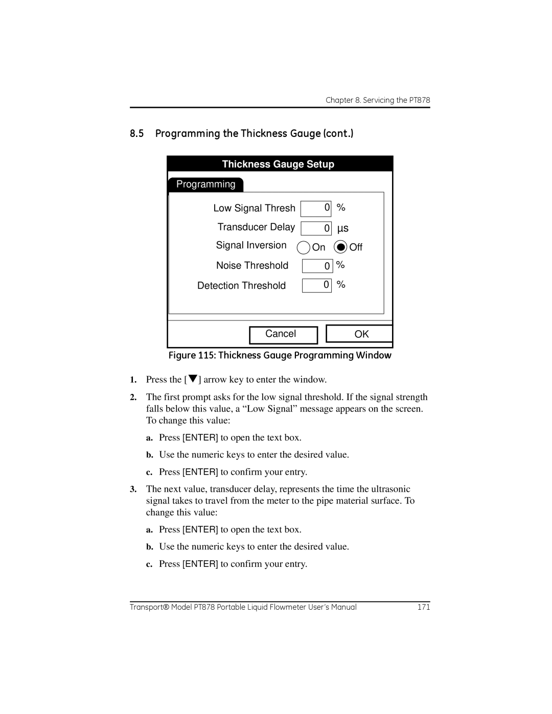 GE PT878 user manual Thickness Gauge Setup, Programming 