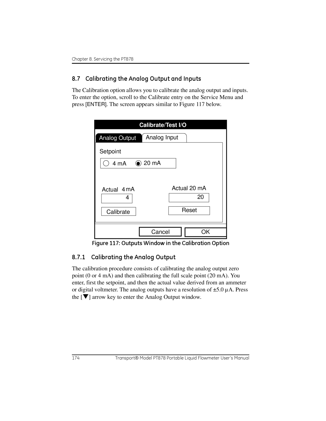 GE PT878 user manual Calibrating the Analog Output and Inputs 
