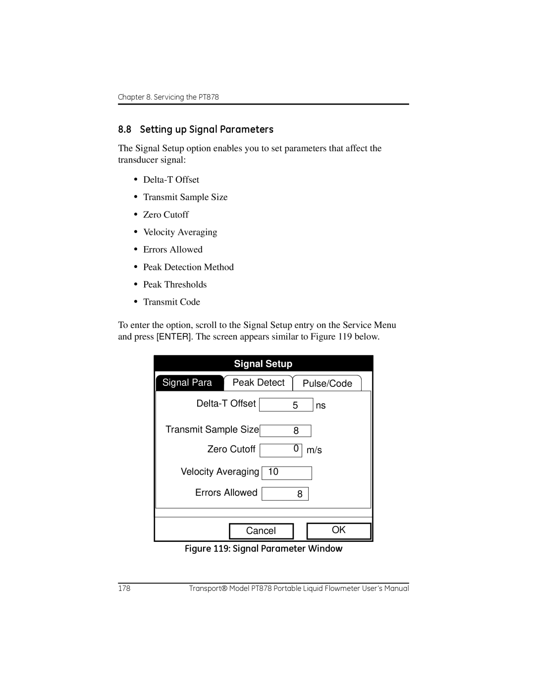 GE PT878 user manual Setting up Signal Parameters, Signal Setup 