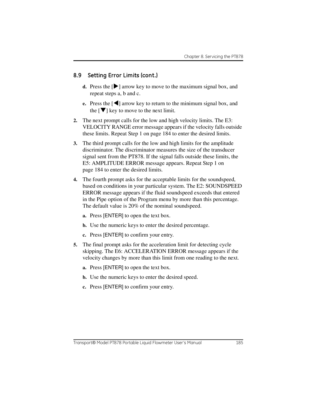 GE PT878 user manual Setting Error Limits 