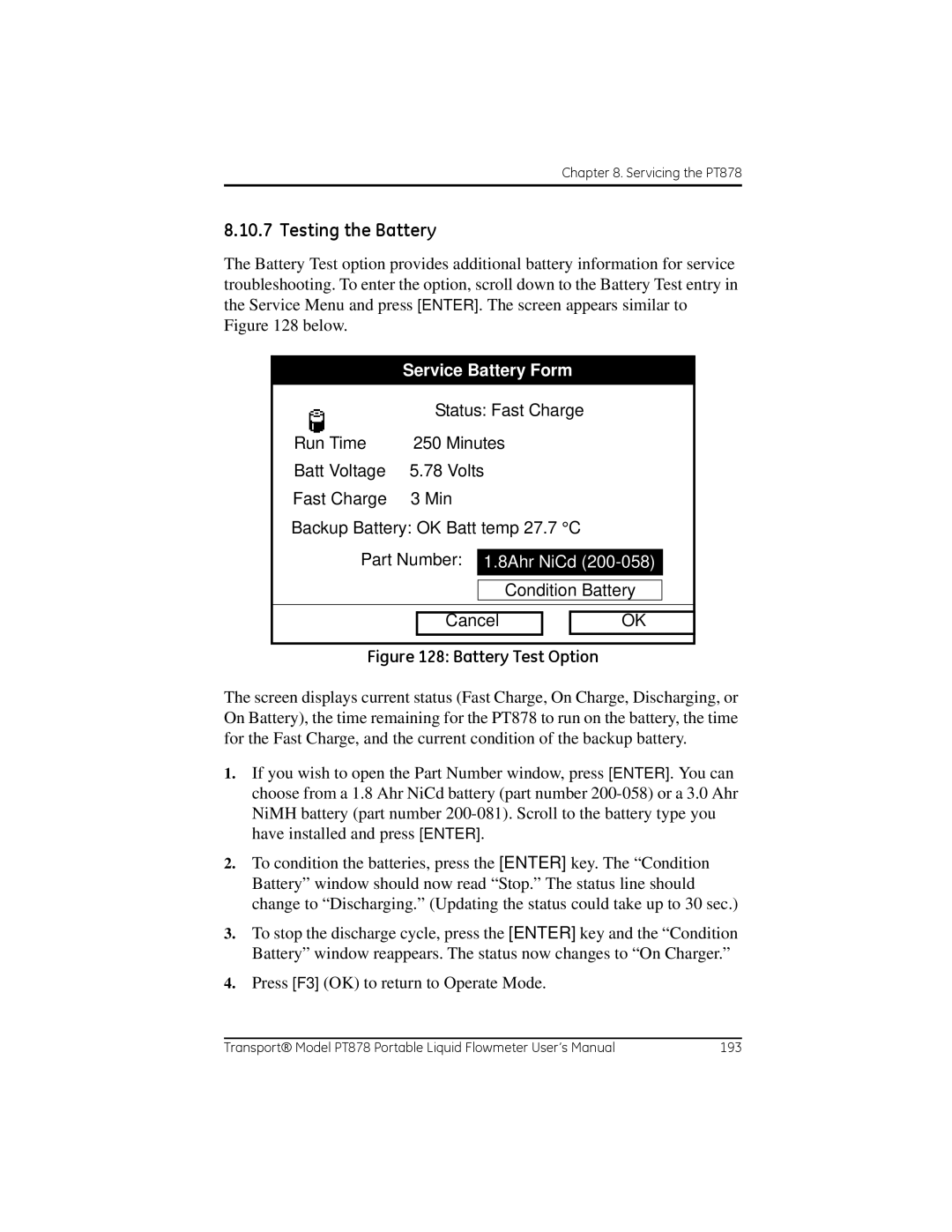 GE PT878 user manual Testing the Battery, Service Battery Form 