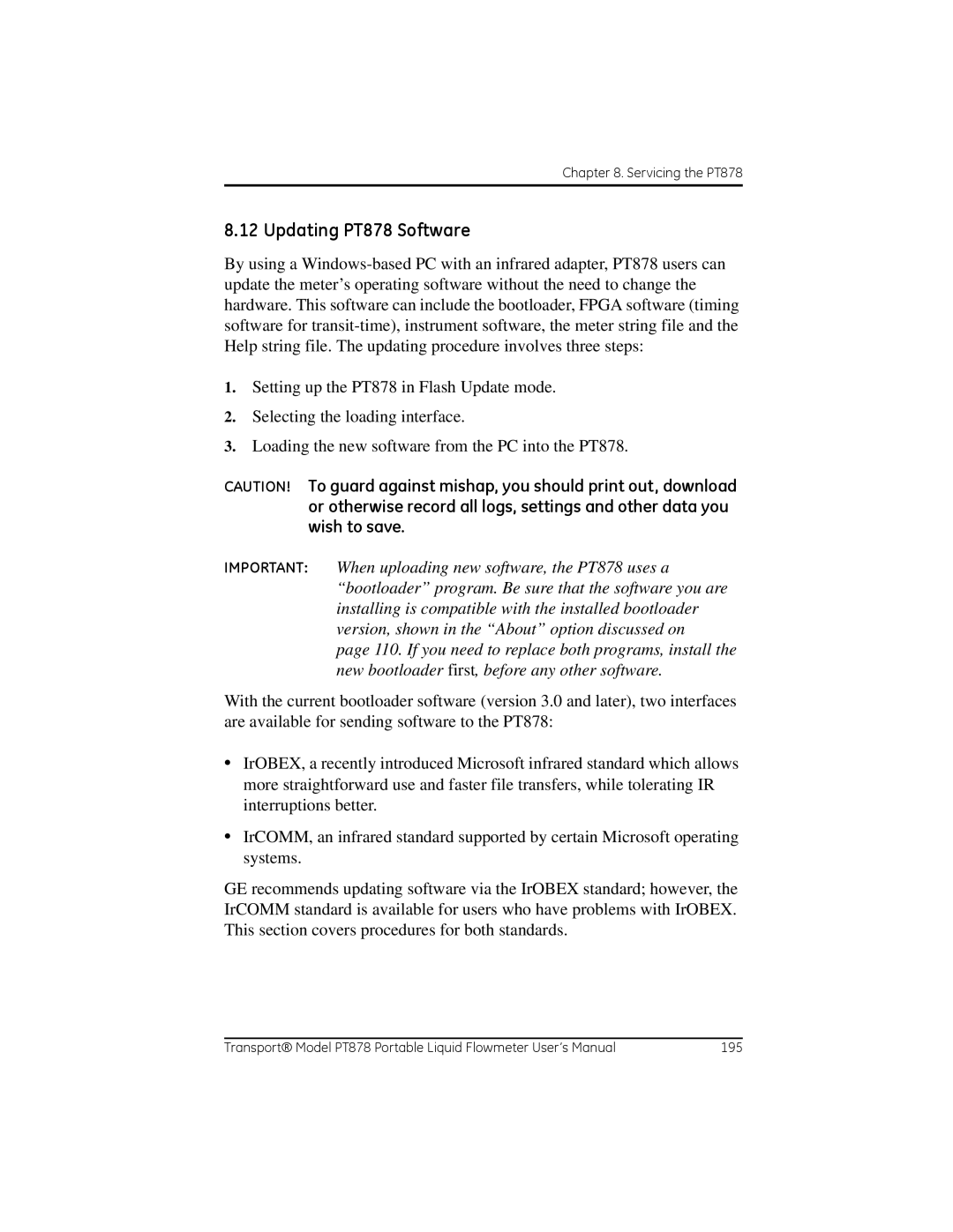 GE user manual Updating PT878 Software 