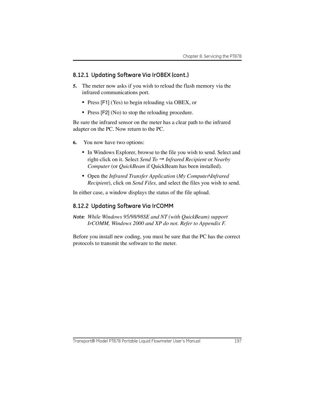 GE PT878 user manual Updating Software Via IrCOMM 