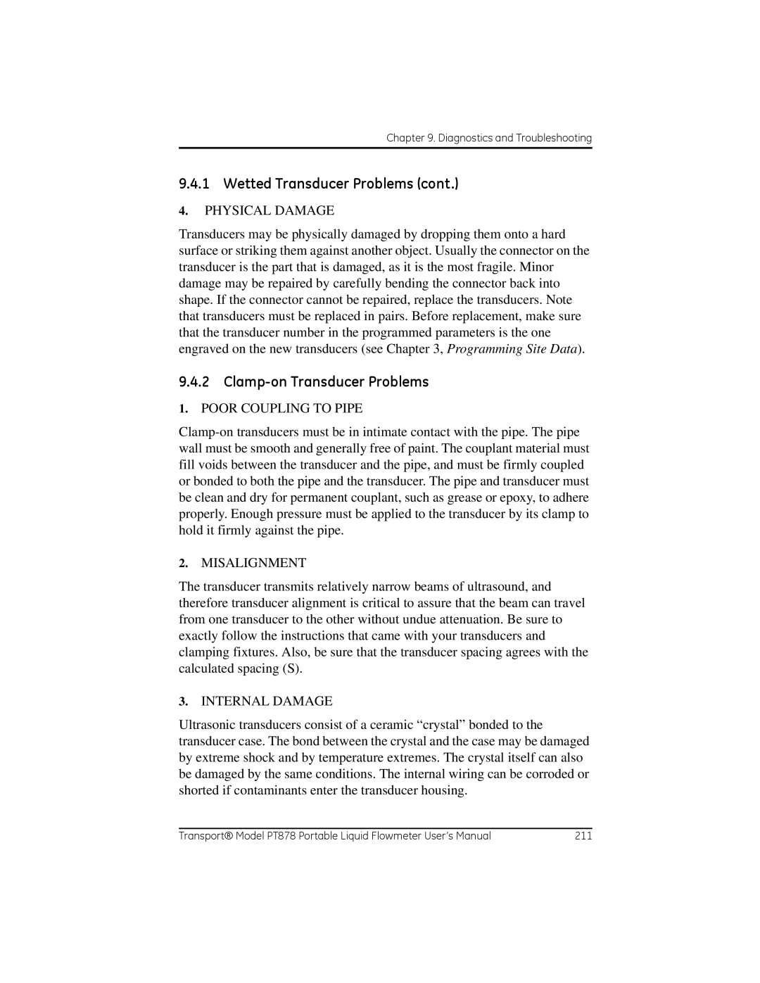 GE PT878 user manual Clamp-on Transducer Problems, Physical Damage 