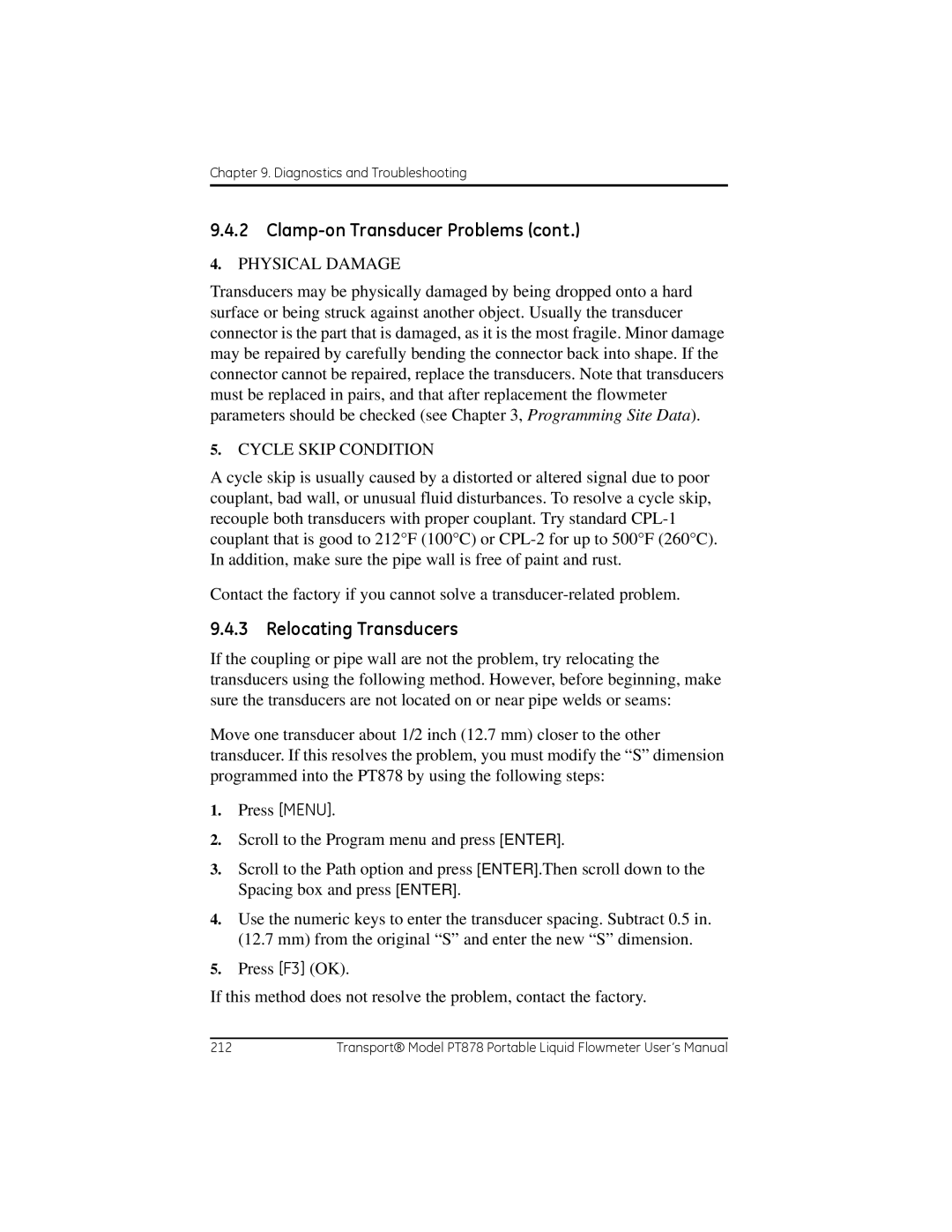 GE PT878 user manual Relocating Transducers, Press Menu 