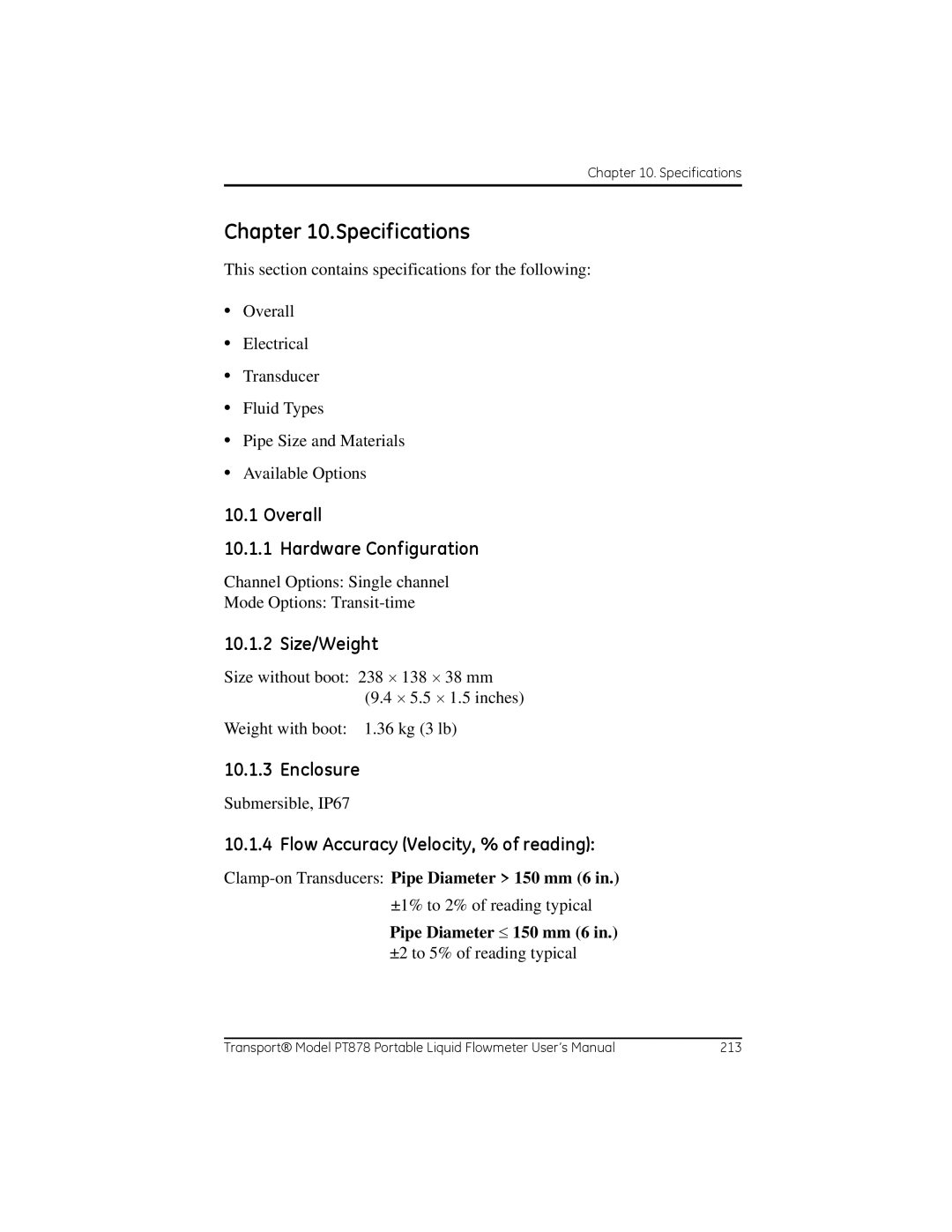 GE PT878 Specifications, Overall Hardware Configuration, Size/Weight, Enclosure, Flow Accuracy Velocity, % of reading 