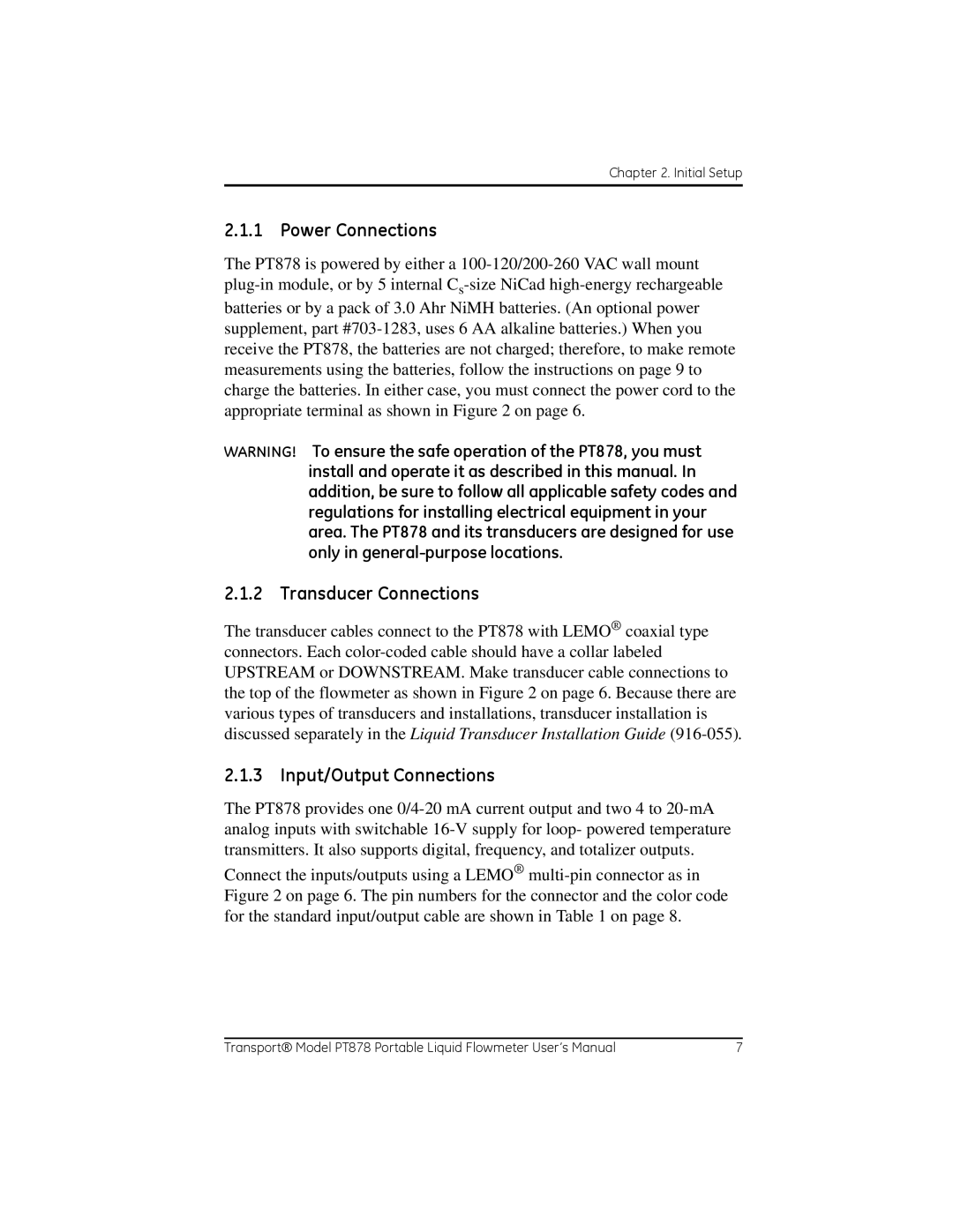 GE PT878 user manual Power Connections, Transducer Connections, Input/Output Connections 