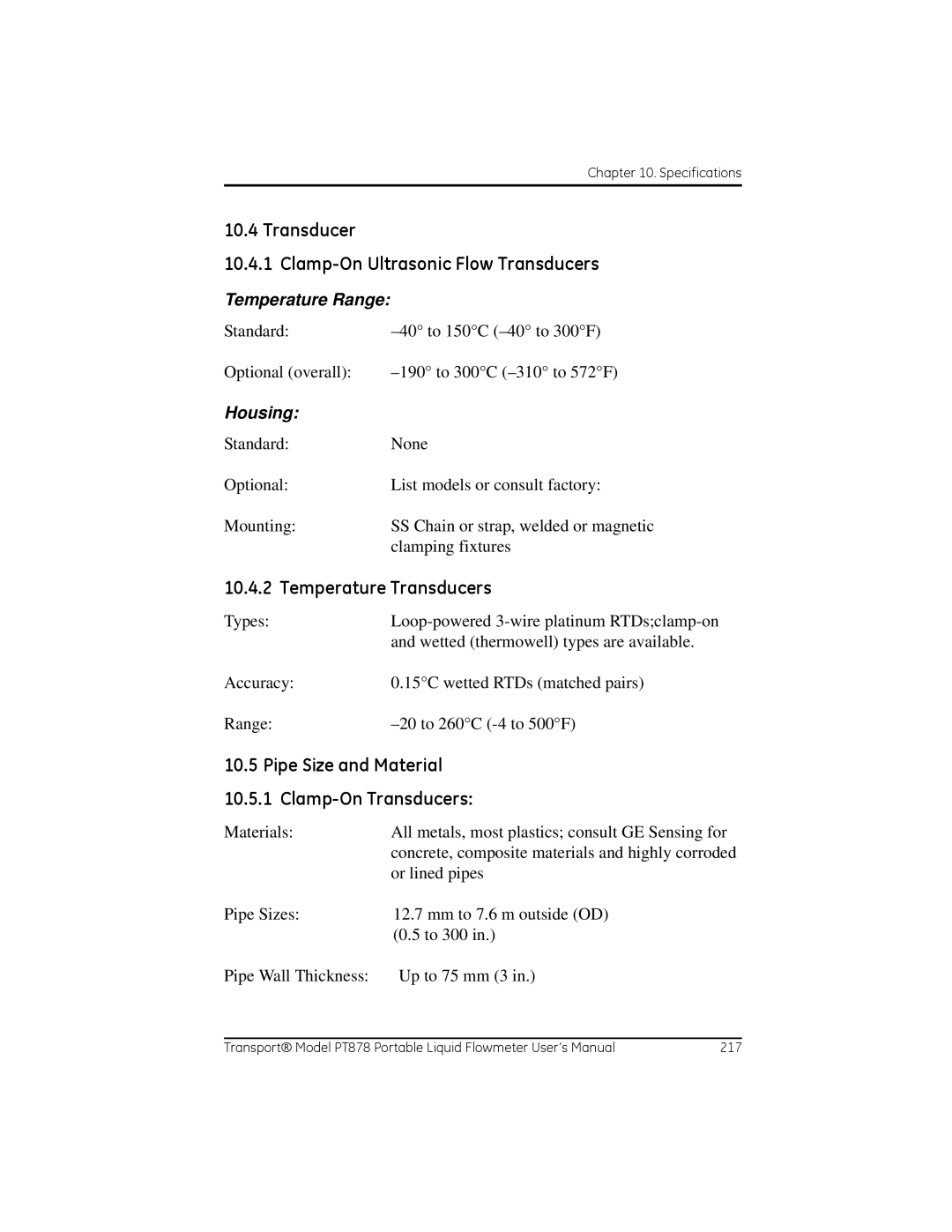 GE PT878 user manual Transducer Clamp-On Ultrasonic Flow Transducers, Temperature Transducers 