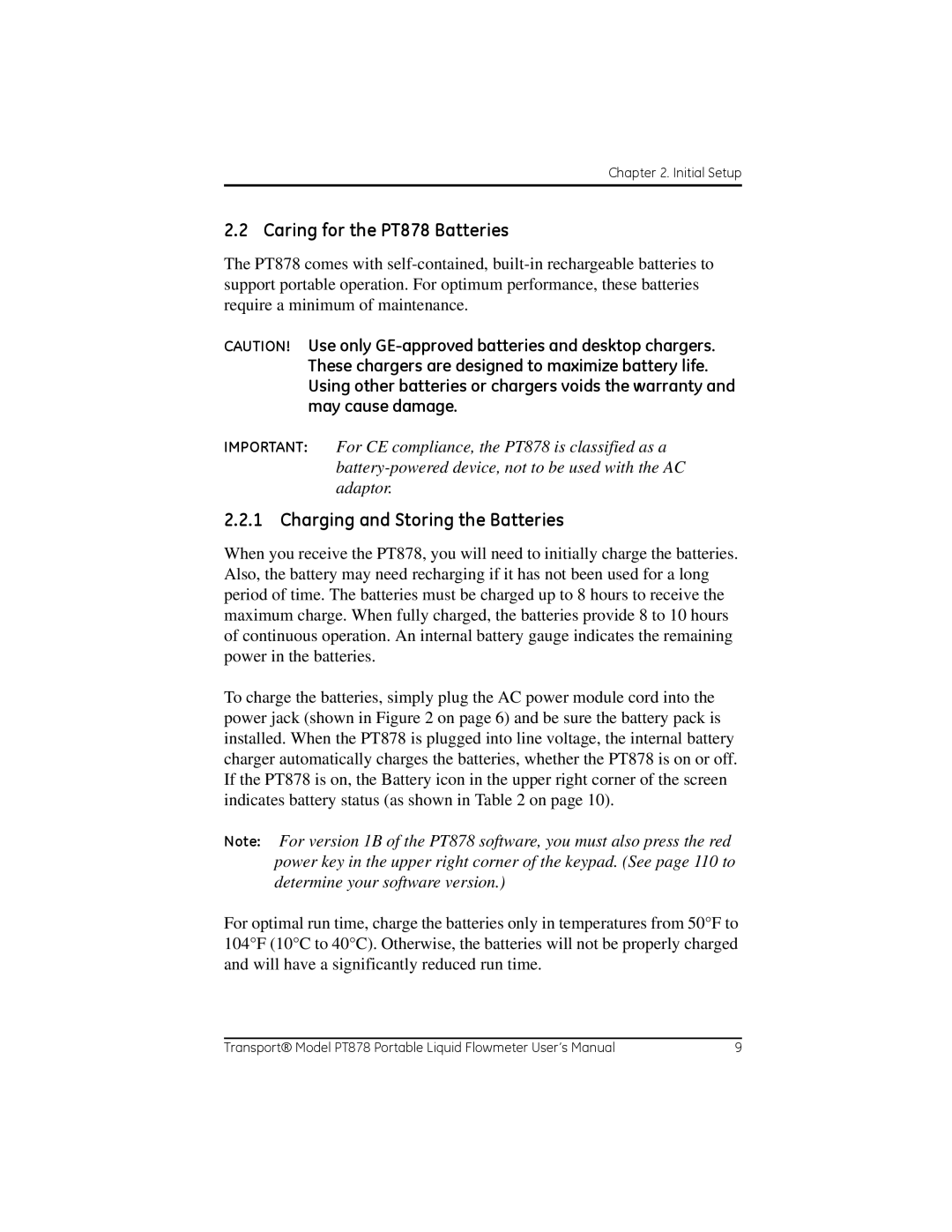 GE user manual Caring for the PT878 Batteries, Charging and Storing the Batteries 