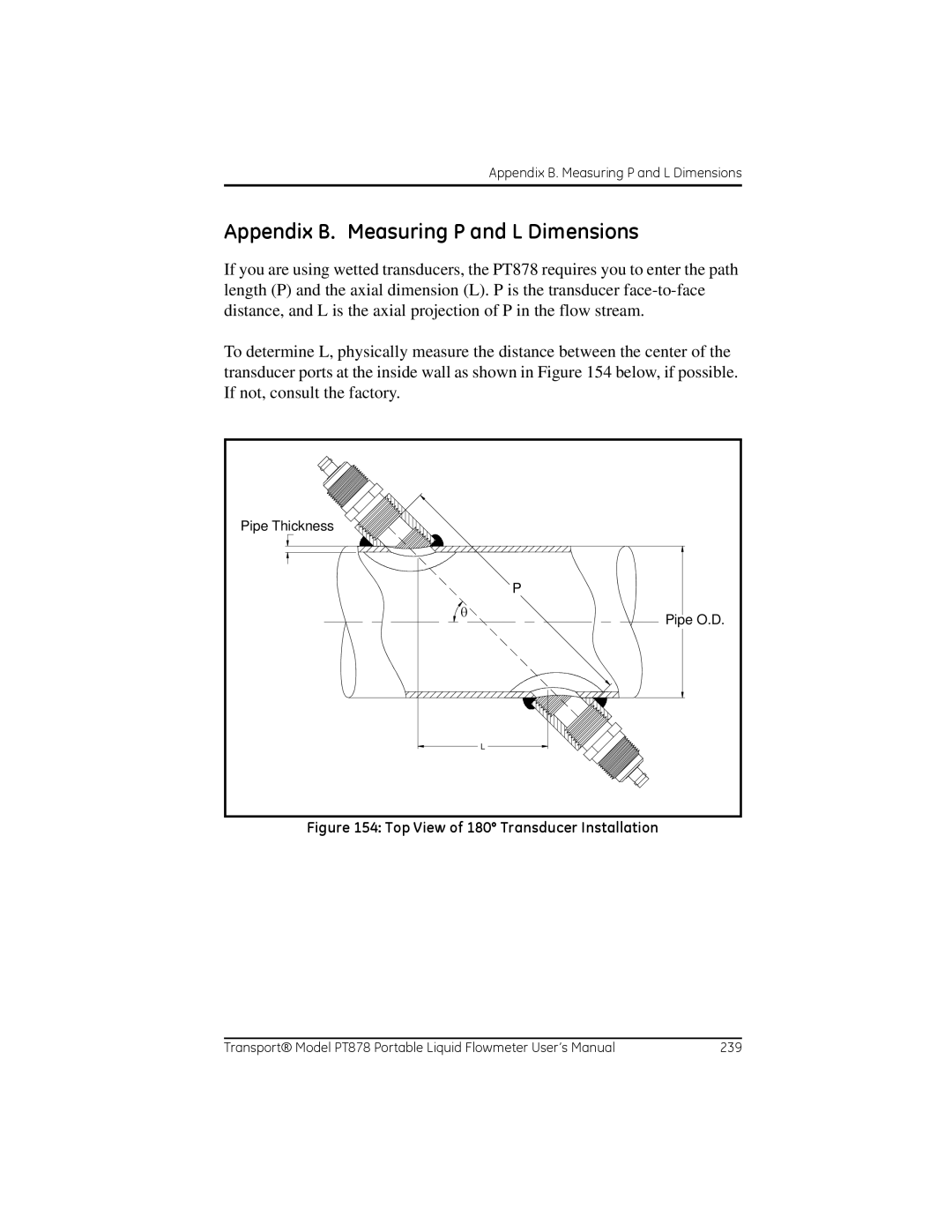 GE PT878 user manual Appendix B. Measuring P and L Dimensions, Top View of 180 Transducer Installation 