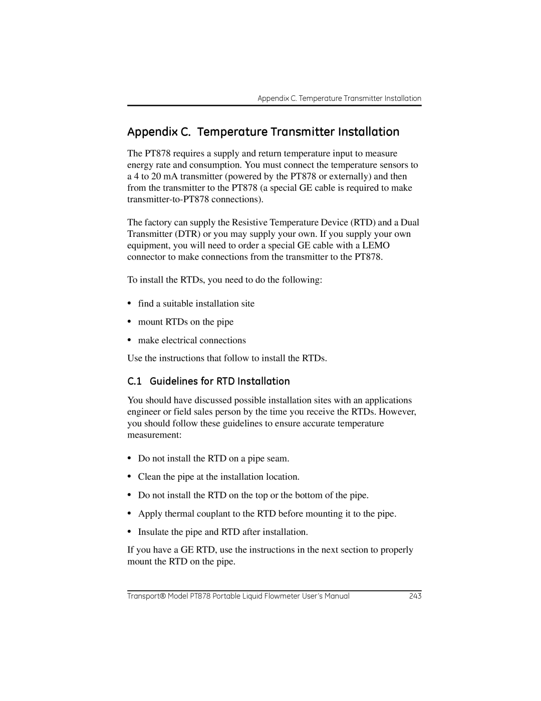 GE PT878 user manual Appendix C. Temperature Transmitter Installation, Guidelines for RTD Installation 