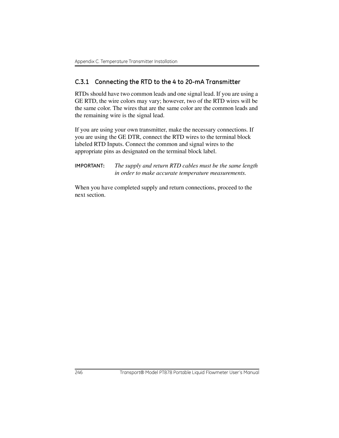 GE PT878 user manual Connecting the RTD to the 4 to 20-mA Transmitter 