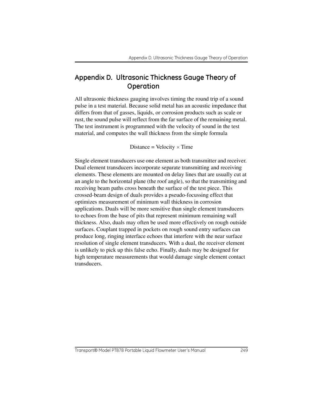 GE PT878 user manual Appendix D. Ultrasonic Thickness Gauge Theory of Operation 