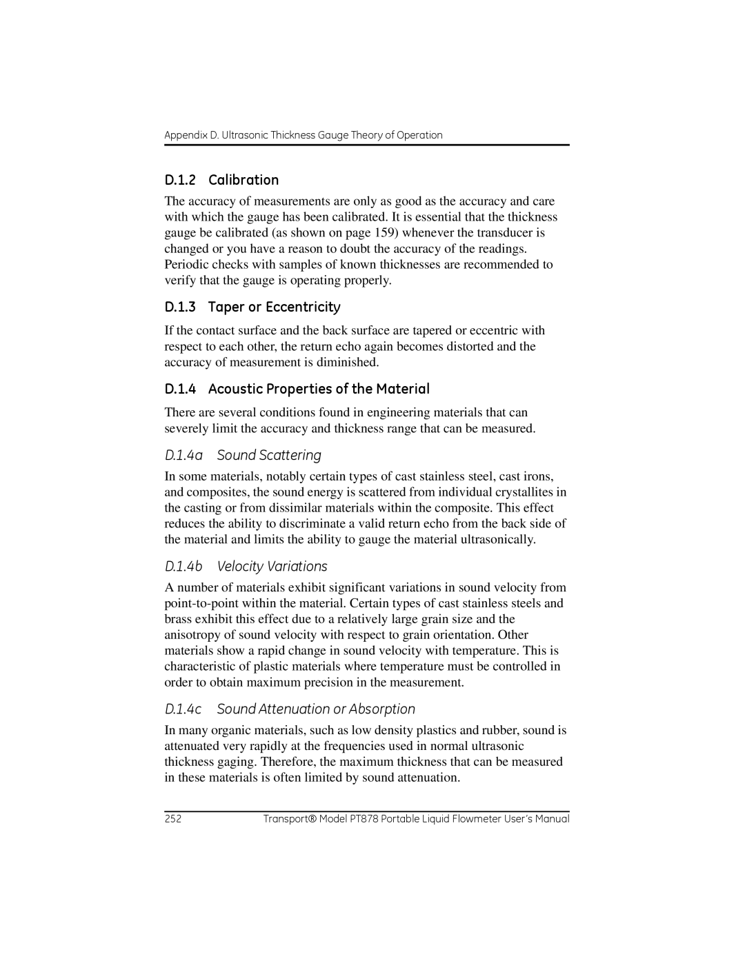 GE PT878 user manual Calibration, Taper or Eccentricity, Acoustic Properties of the Material 