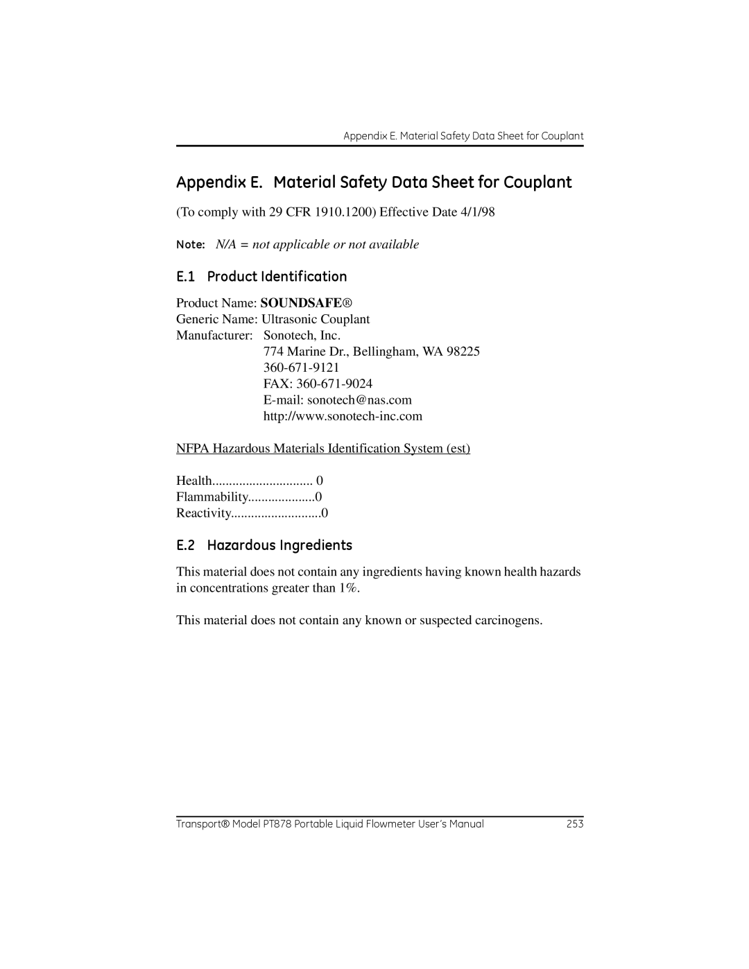 GE PT878 user manual Appendix E. Material Safety Data Sheet for Couplant, Product Identification, Hazardous Ingredients 