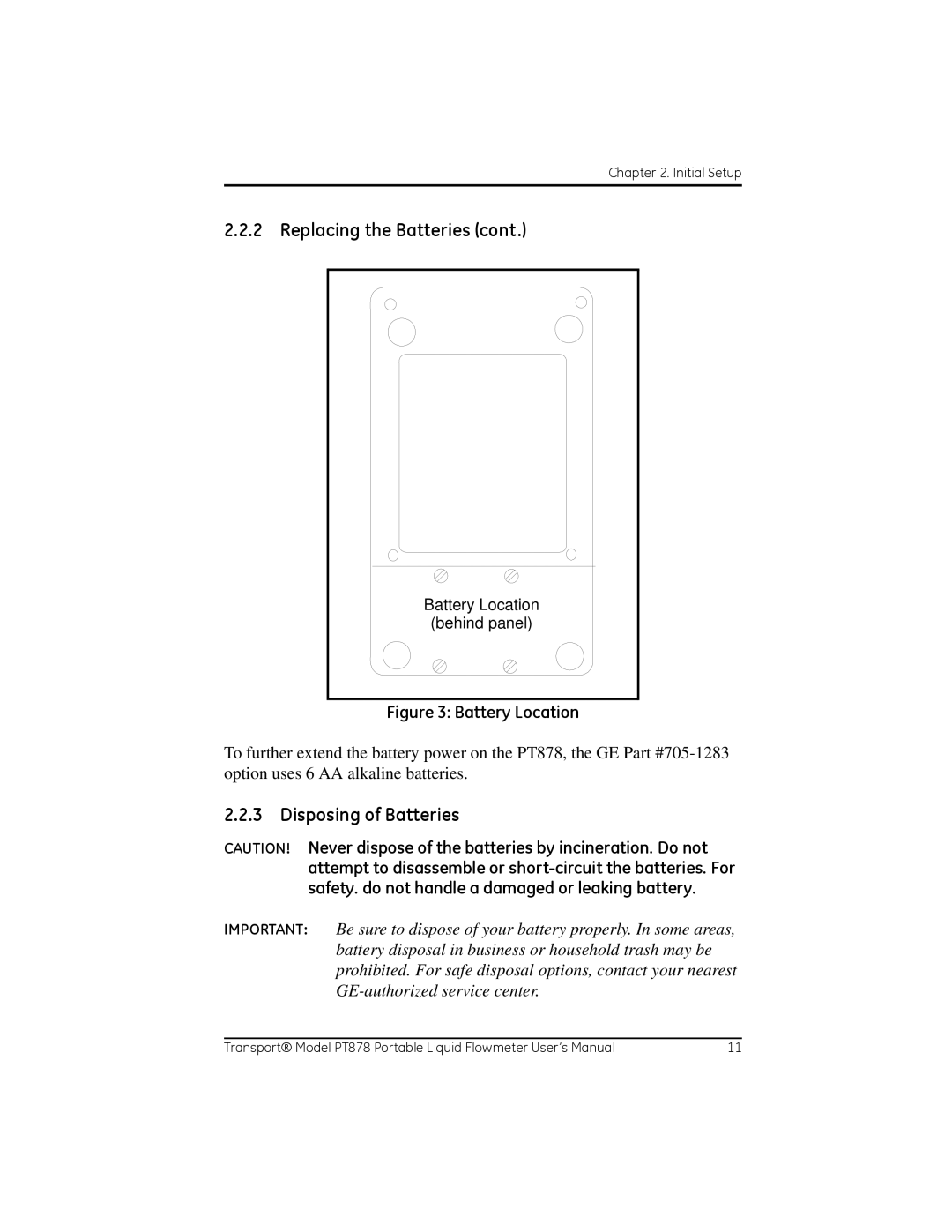 GE PT878 user manual Disposing of Batteries, Battery Location 