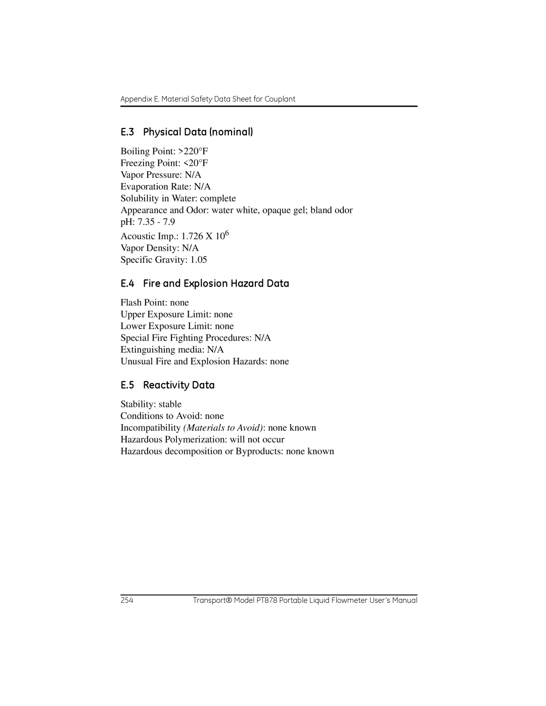 GE PT878 user manual Physical Data nominal, Fire and Explosion Hazard Data, Reactivity Data 