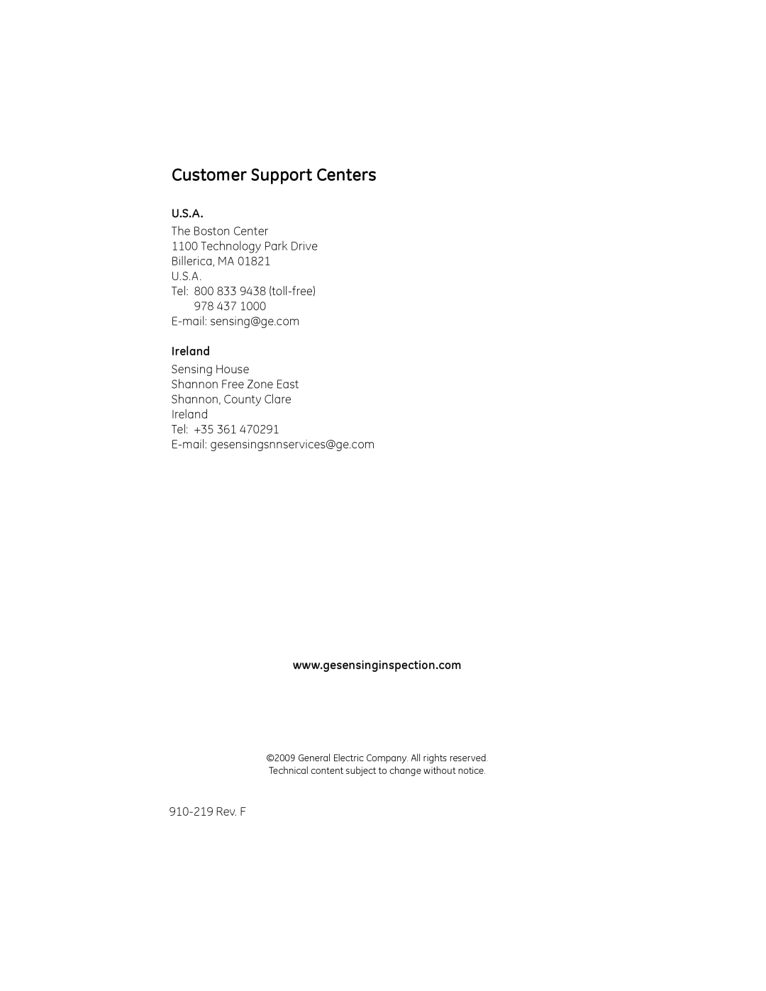 GE PT878 user manual Customer Support Centers, Ireland 