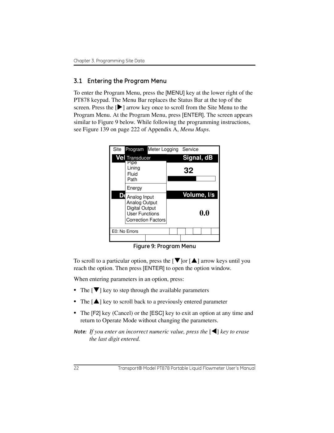 GE PT878 user manual Entering the Program Menu, Vel, Volume, l/s 