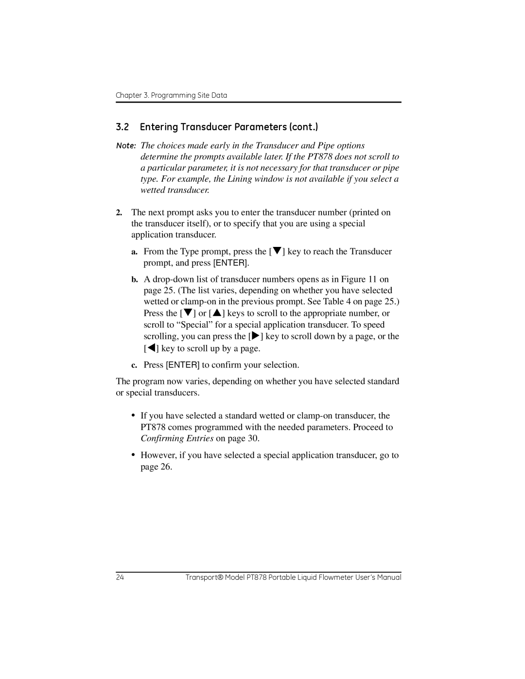 GE PT878 user manual Entering Transducer Parameters 