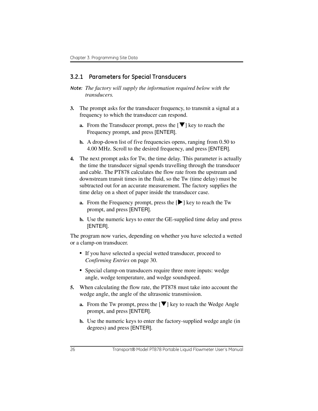 GE PT878 user manual Parameters for Special Transducers 