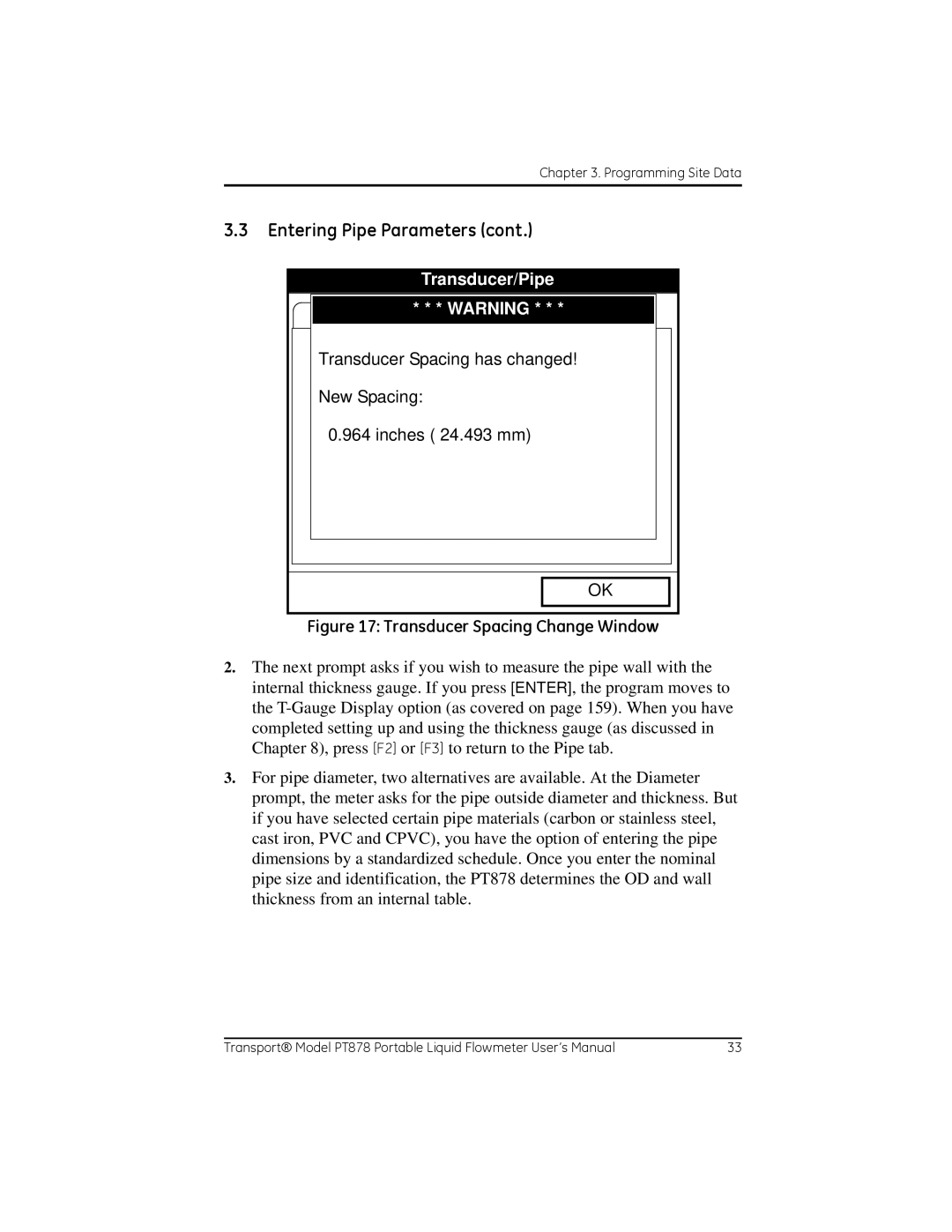 GE PT878 user manual Transducer Spacing Change Window 