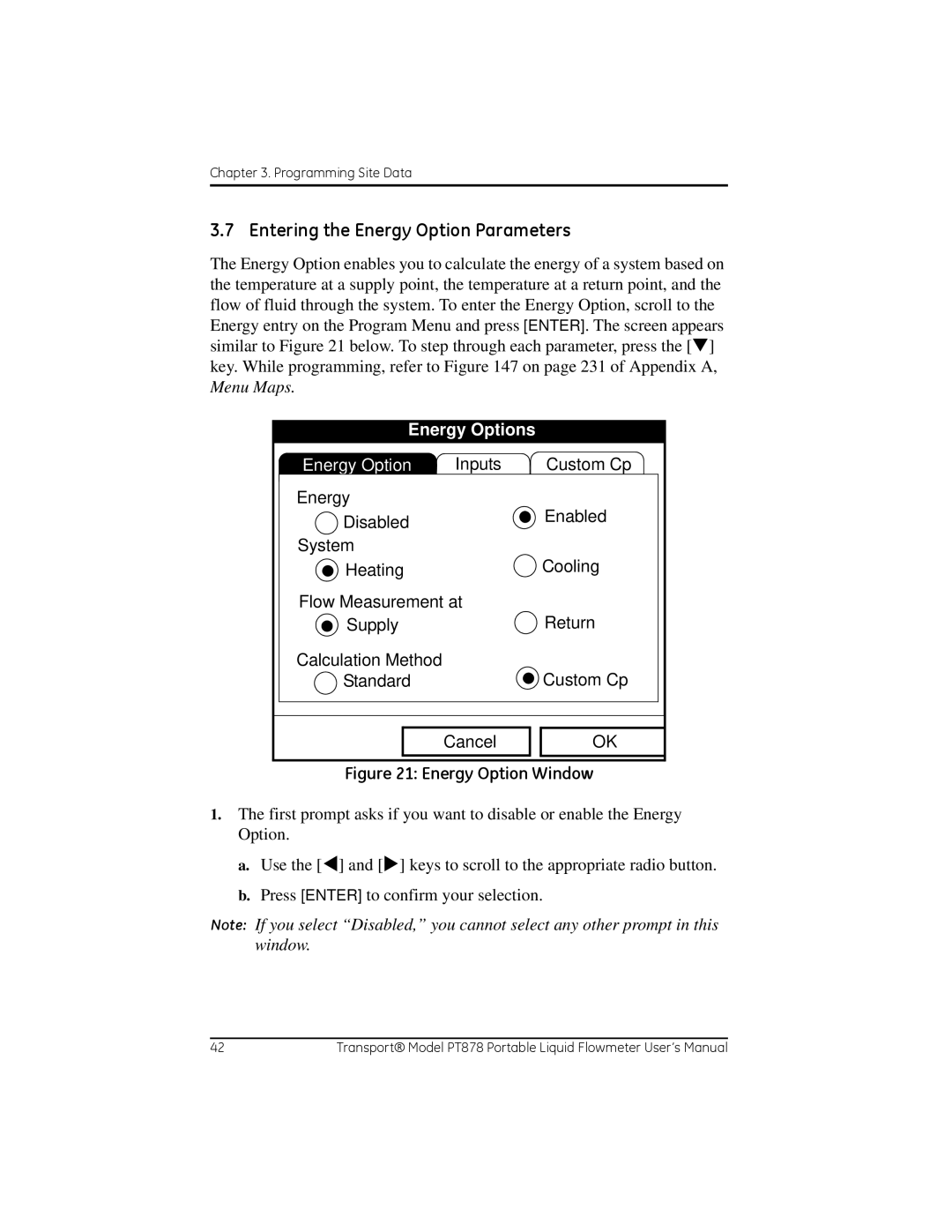 GE PT878 user manual Entering the Energy Option Parameters, Energy Options 